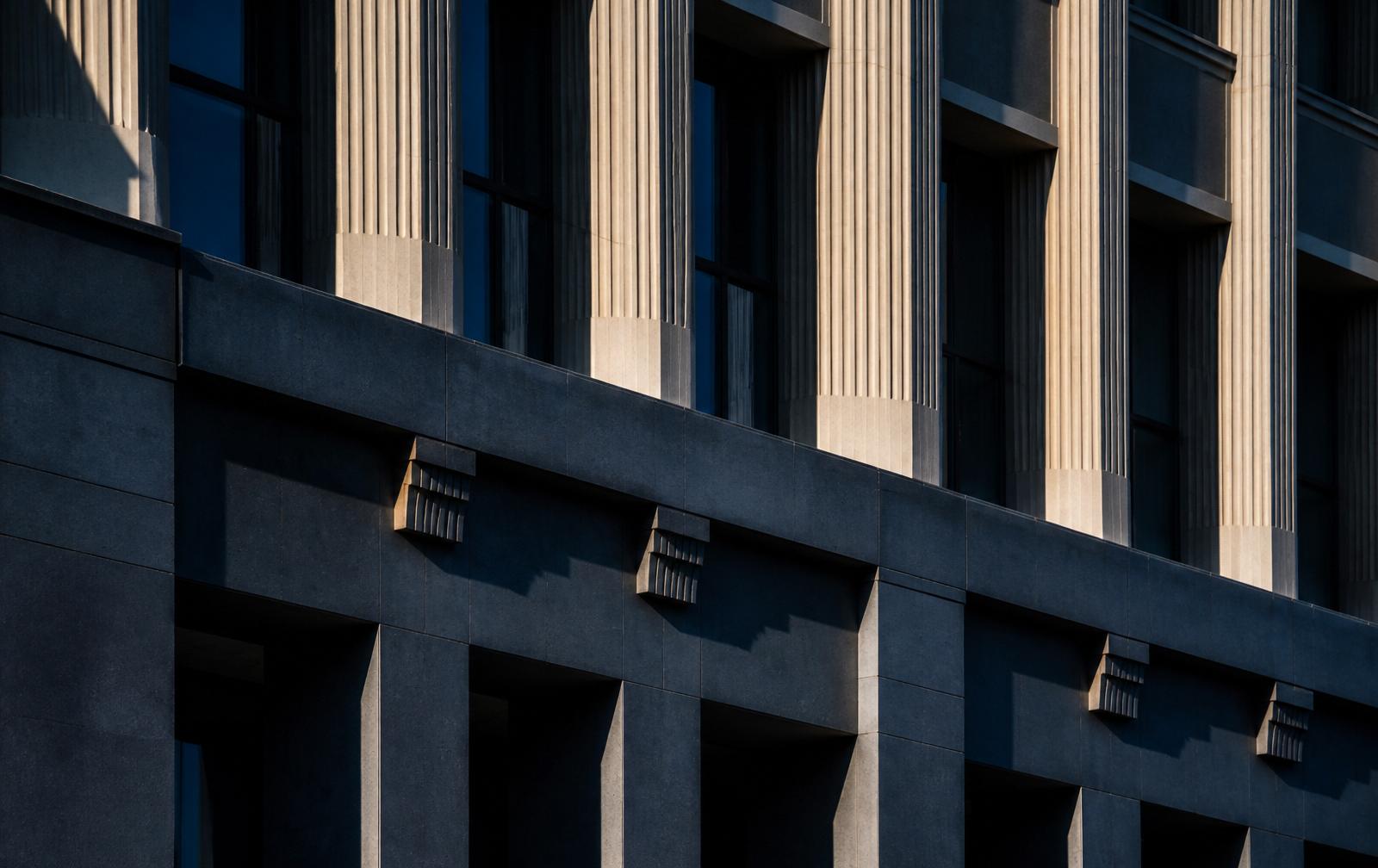Architectural detail of a classical financial institution facade