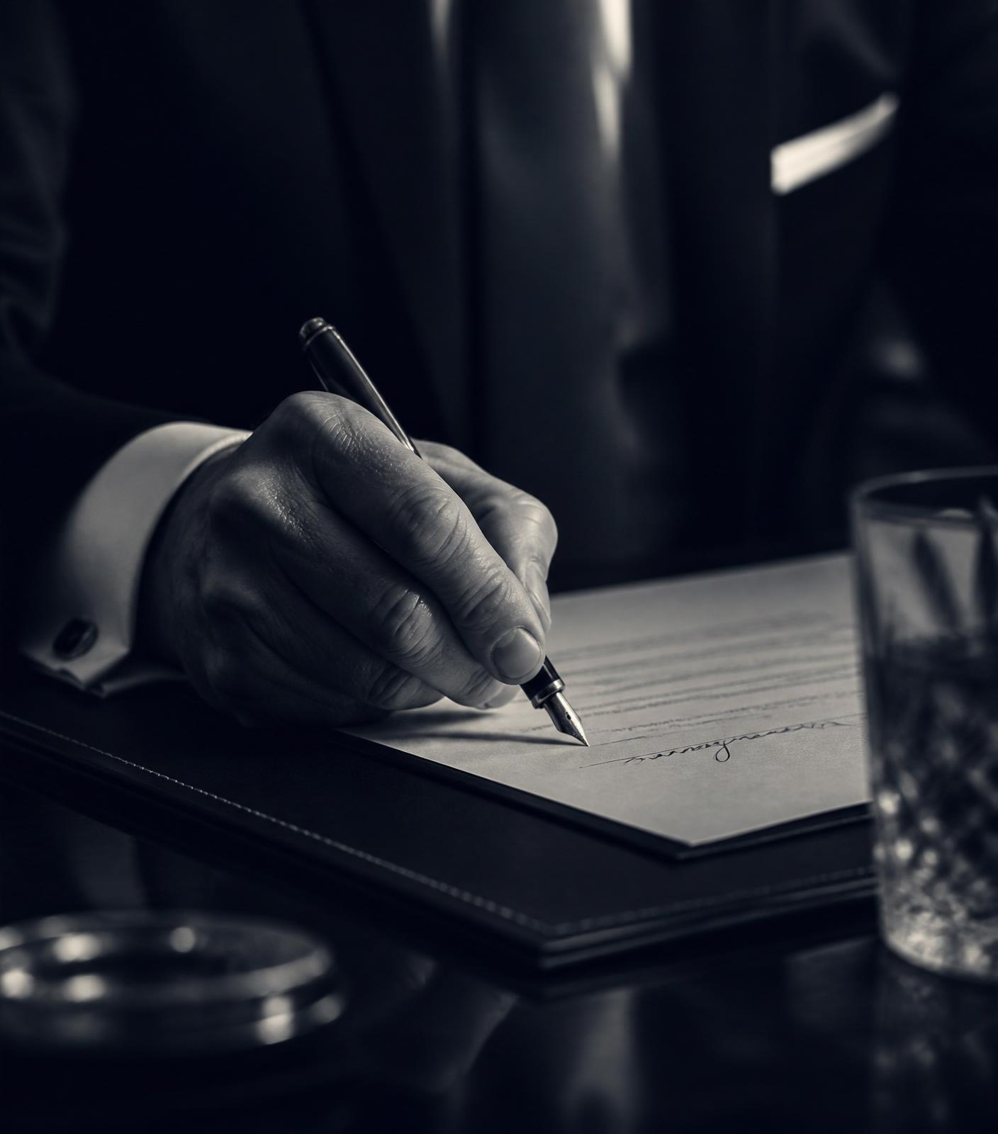 A hand signing a bound mandate document with a fine pen