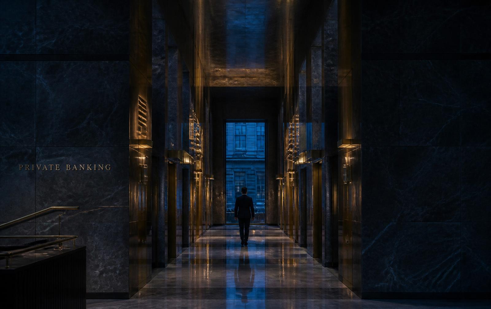 Marble and brass corridor of a private bank at dusk